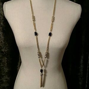 White House Black Market Blue Stone Gold Chain Tassel Necklace With Rhinestones